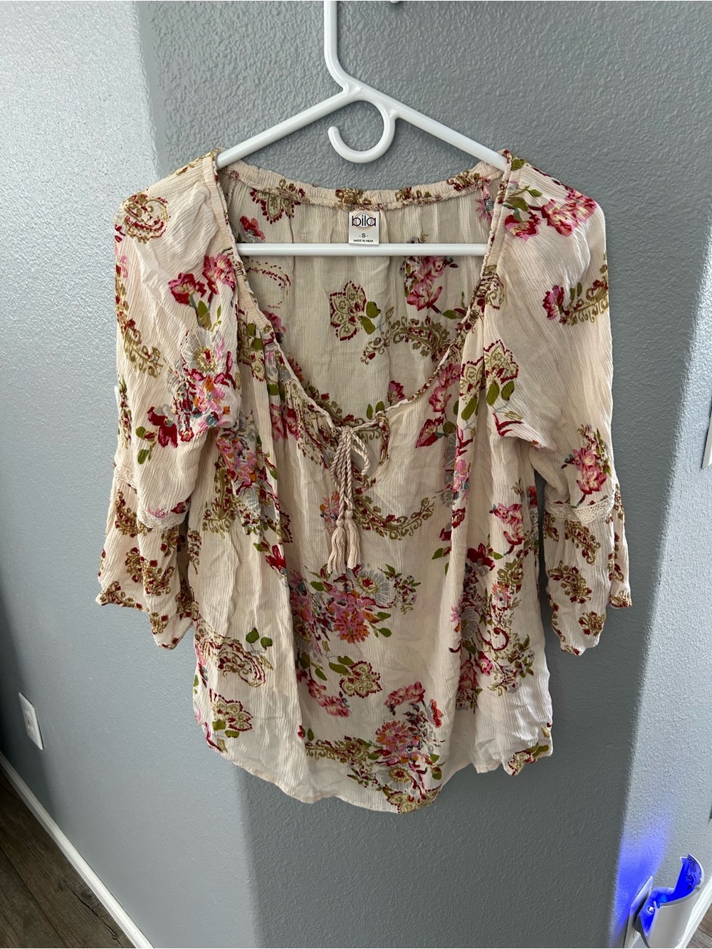 Bila Pink and Green Floral Peasant Blouse with Tassel Tie